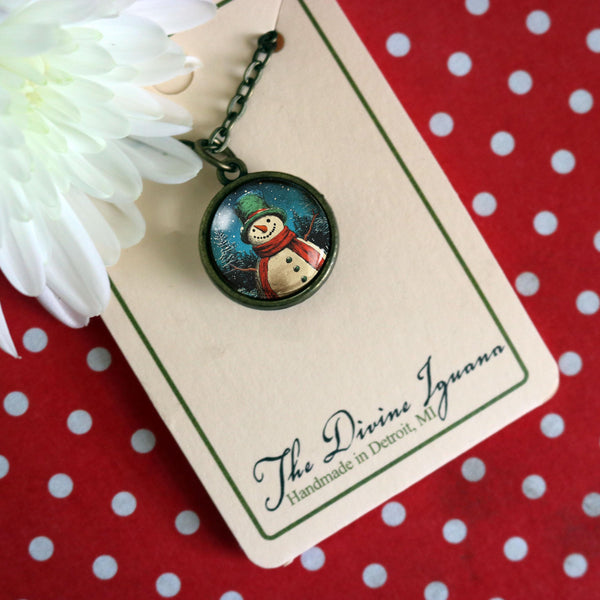 Victorian Snowman Simple Reversible Retro Christmas Glass Cabochon Pendant Necklace