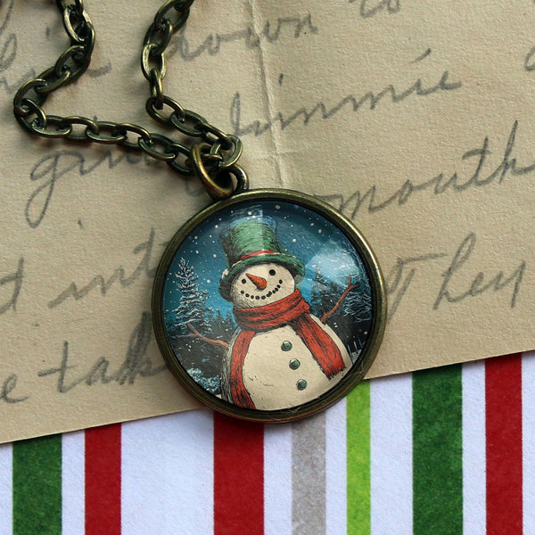 Victorian Snowman Christmas Large Pendant Necklace in Simple Bronze Bezel