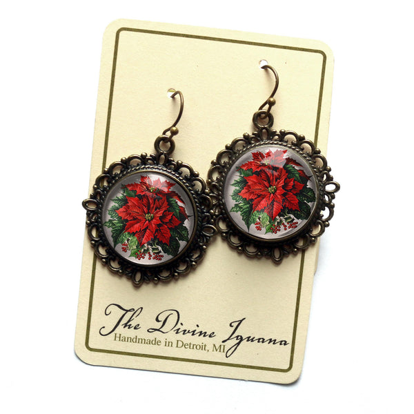 Classic Poinsettia Glass Cabochon and Antique Bronze Earrings with Nickel-Free Wires and Backing