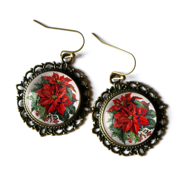 Classic Poinsettia Glass Cabochon and Antique Bronze Earrings with Nickel-Free Wires and Backing