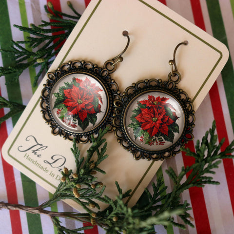 Classic Poinsettia Glass Cabochon and Antique Bronze Earrings with Nickel-Free Wires and Backing