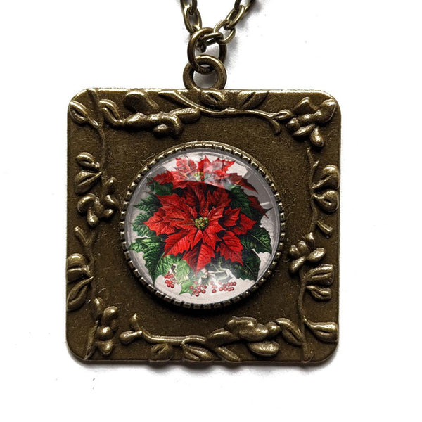 Large  Red Poinsettia Flower Christmas Pendant Necklace