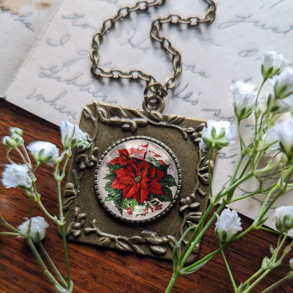 Large  Red Poinsettia Flower Christmas Pendant Necklace