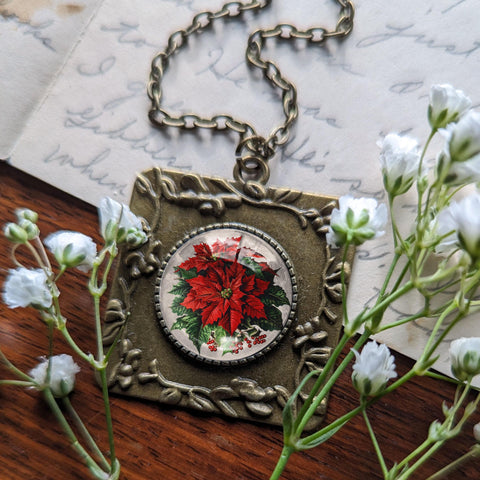 Large  Red Poinsettia Flower Christmas Pendant Necklace