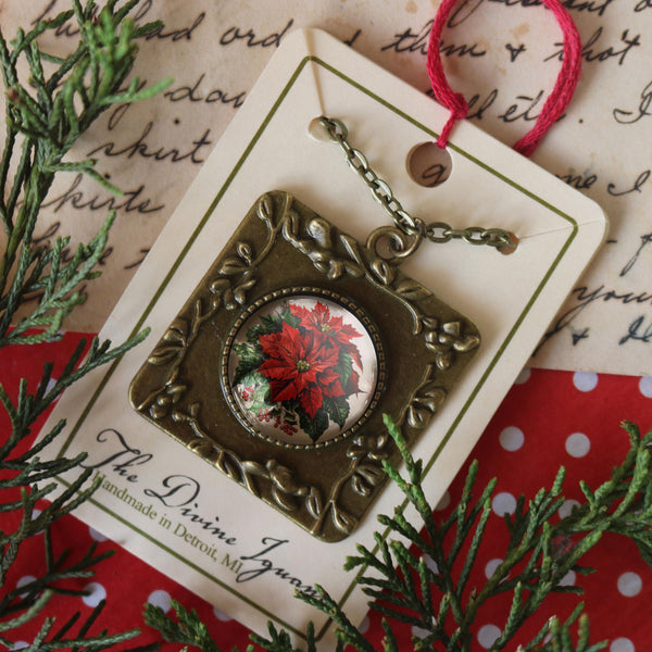 Large  Red Poinsettia Flower Christmas Pendant Necklace