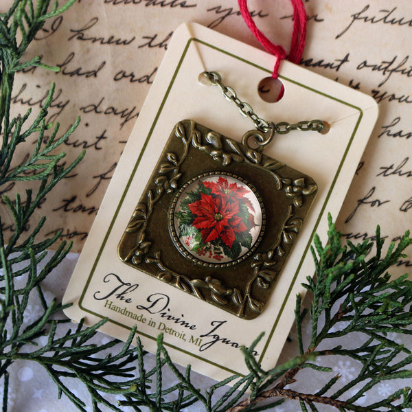 Large  Red Poinsettia Flower Christmas Pendant Necklace