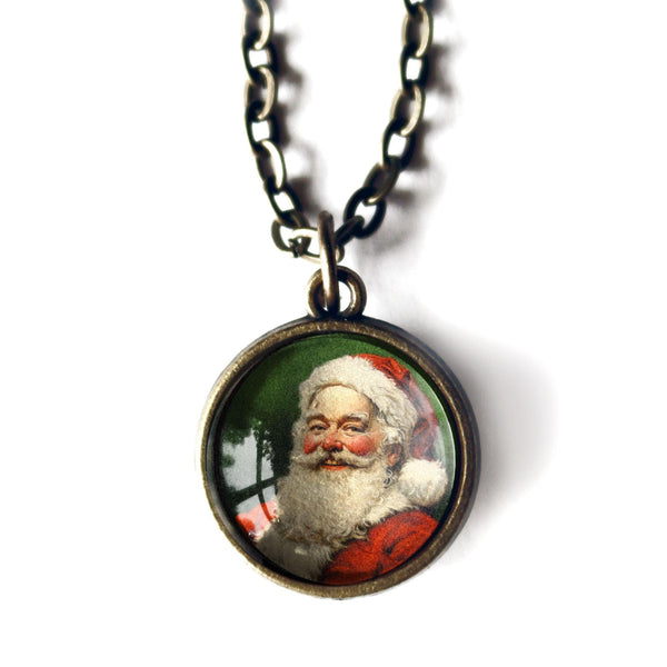 Victorian Santa Simple Reversible Retro Christmas Glass Cabochon Pendant Necklace