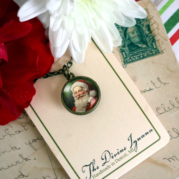 Victorian Santa Simple Reversible Retro Christmas Glass Cabochon Pendant Necklace