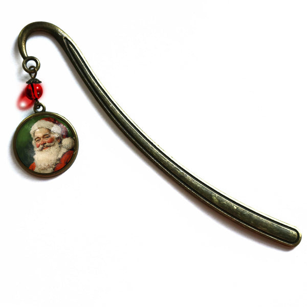 Victorian Santa Claus Glass Cabochon Brass Book Hook / Bookmark