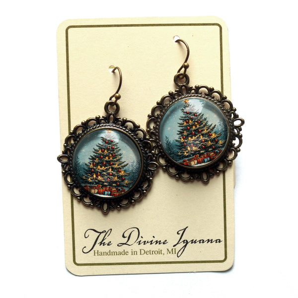 Victorian Christmas Tree Glass Cabochon and Antique Bronze Earrings with Nickel-Free Wires and Backing