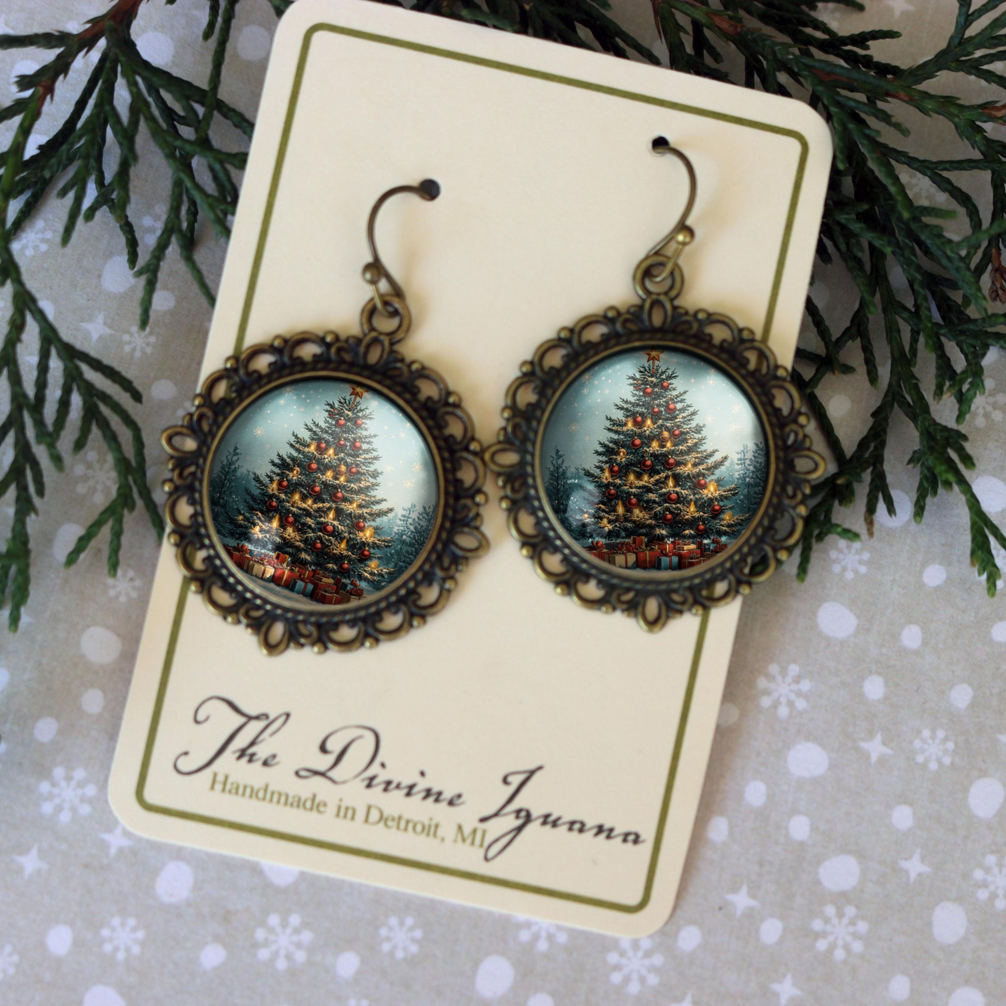 Victorian Christmas Tree Glass Cabochon and Antique Bronze Earrings with Nickel-Free Wires and Backing