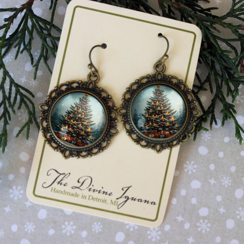 Victorian Christmas Tree Glass Cabochon and Antique Bronze Earrings with Nickel-Free Wires and Backing