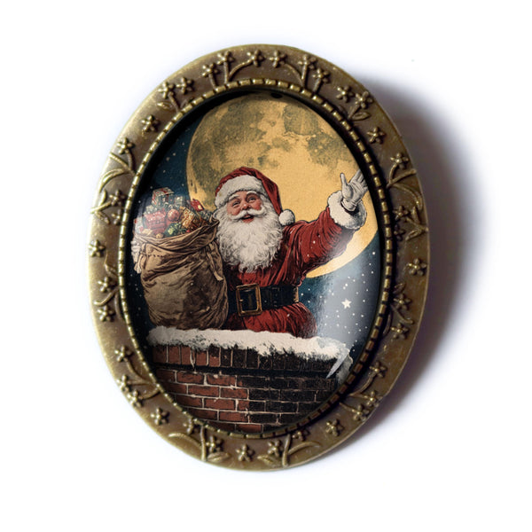 Santa Claus on the Roof Top Large Oval Christmas Brooch