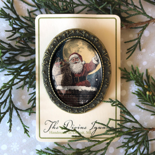 Santa Claus on the Roof Top Large Oval Christmas Brooch