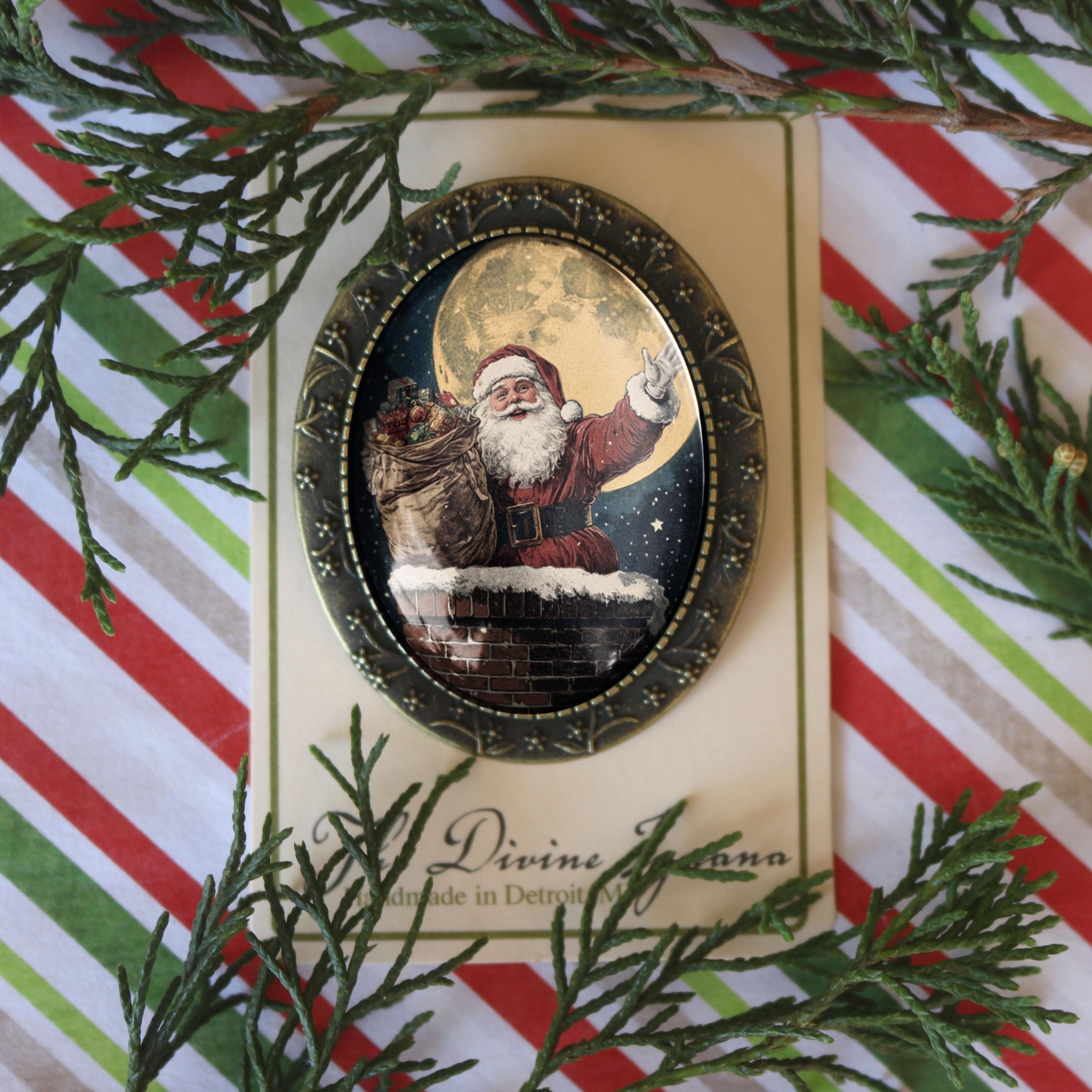 Santa Claus on the Roof Top Large Oval Christmas Brooch
