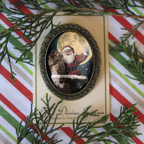 Santa Claus on the Roof Top Large Oval Christmas Brooch
