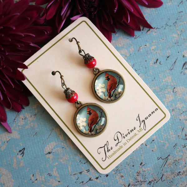 Retro Cardinal Mid Century Modern Inspired Drop / Dangle Earrings