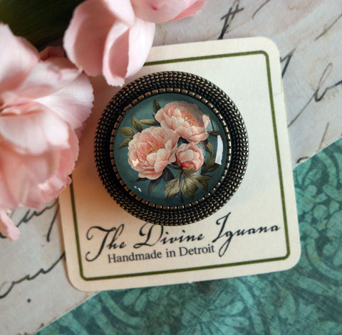 Pink Peony Vintage Inspired Pin Brooch