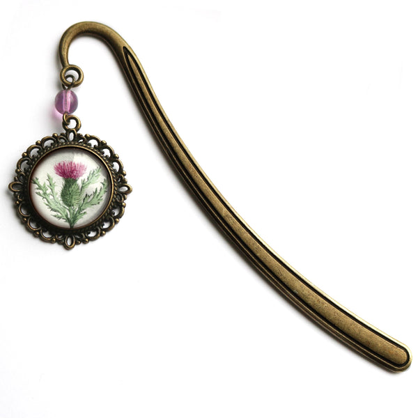 Scottish Thistle Flower Glass Cabochon Brass Book Hook / Bookmark