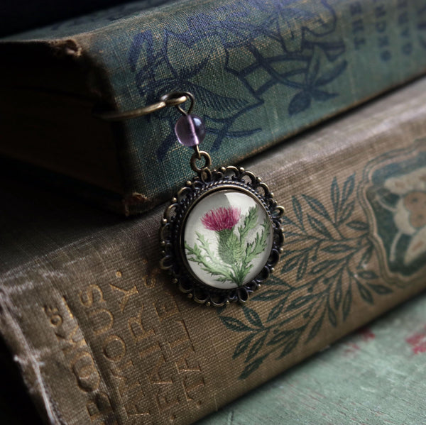 Scottish Thistle Flower Glass Cabochon Brass Book Hook / Bookmark