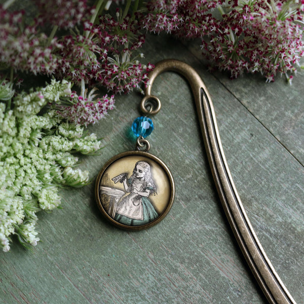 Alice in Wonderland "Drink Me" Potion Glass Cabochon Brass Book Hook / Bookmark