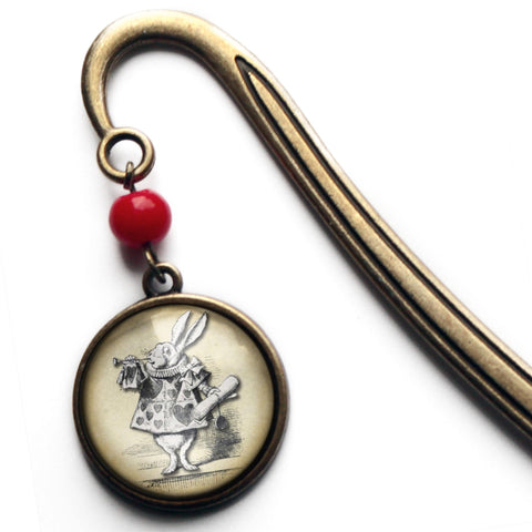 Alice in Wonderland White Rabbit Glass Cabochon Brass Book Hook / Bookmark