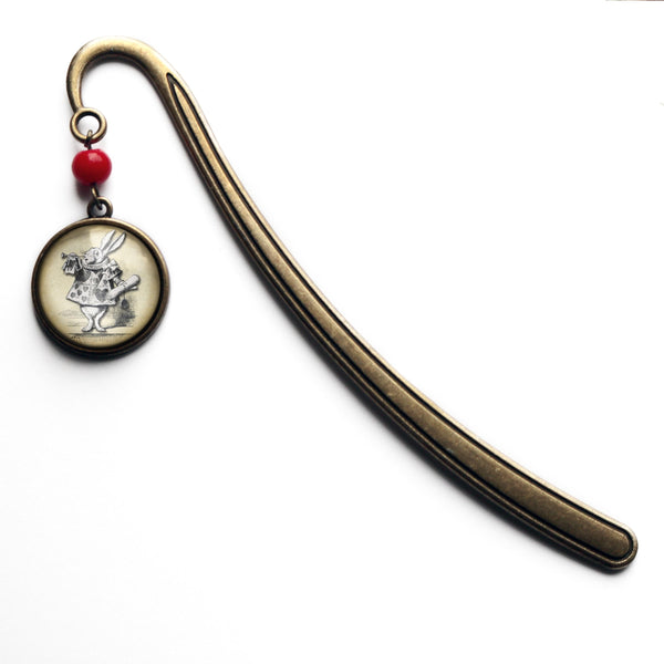 Alice in Wonderland White Rabbit Glass Cabochon Brass Book Hook / Bookmark