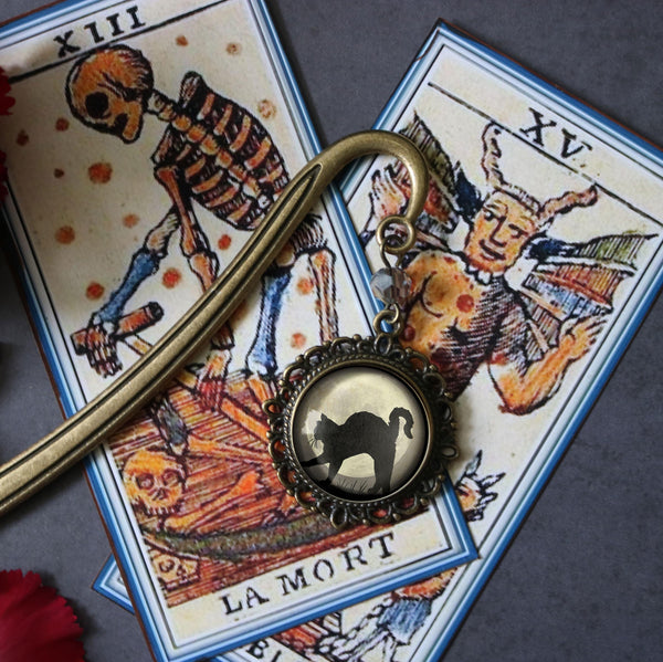 Black Cat on Full Moon Glass Cabochon Brass Book Hook / Bookmark