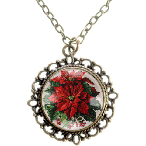 Red Poinsettia Flower Christmas Pendant Necklace