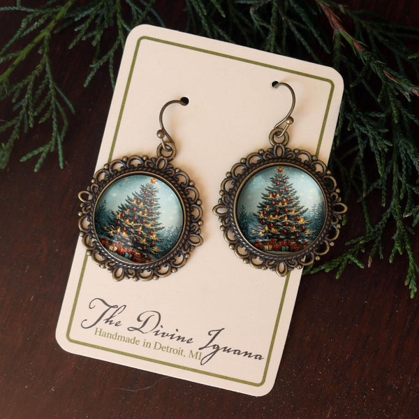 Victorian Christmas Tree Glass Cabochon and Antique Bronze Earrings with Nickel-Free Wires and Backing