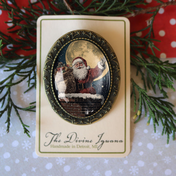 Santa Claus on the Roof Top Large Oval Christmas Brooch