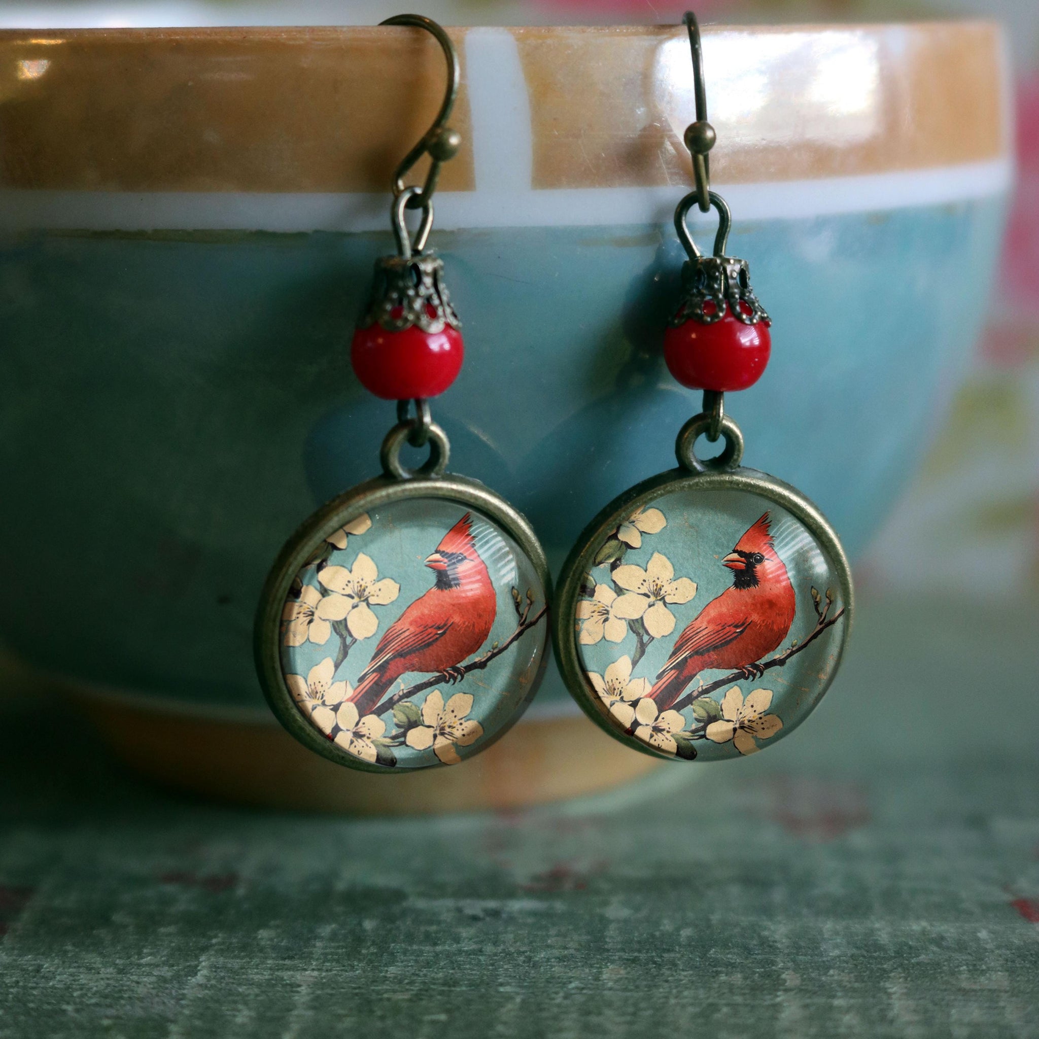 Retro Cardinal Mid Century Modern Inspired Drop / Dangle Earrings