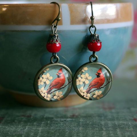 Retro Cardinal Mid Century Modern Inspired Drop / Dangle Earrings