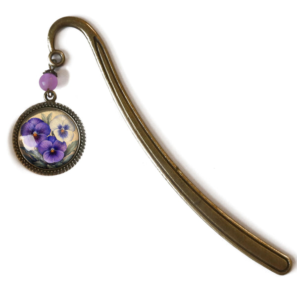 Purple Pansy Spring Flower Glass Cabochon Brass Book Hook / Bookmark