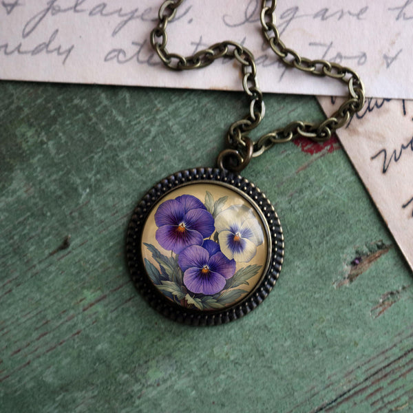 Purple Pansy Spring Flower Pendant Necklace