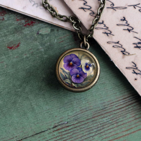 Purple Pansy Spring Flower Simple Reversible Cottage Core Glass Cabochon Pendant Necklace