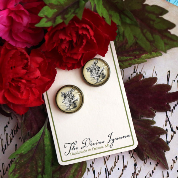 Alice in Wonderland John Tenniel White Rabbit Glass Cabochon Stud Earrings