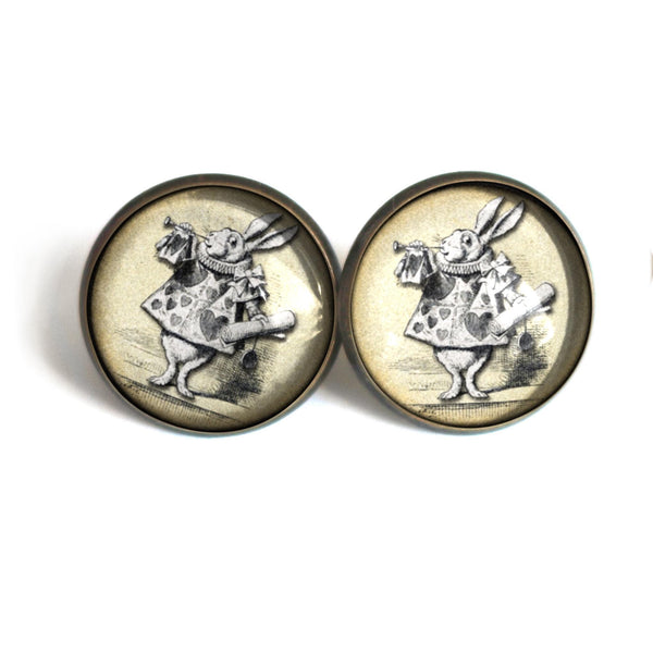 Alice in Wonderland John Tenniel White Rabbit Glass Cabochon Stud Earrings
