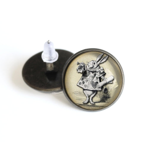 Alice in Wonderland John Tenniel White Rabbit Glass Cabochon Stud Earrings