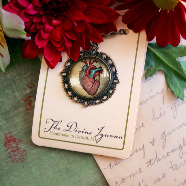 Anatomical Human Heart Large Pendant Necklace in Ornate Frame