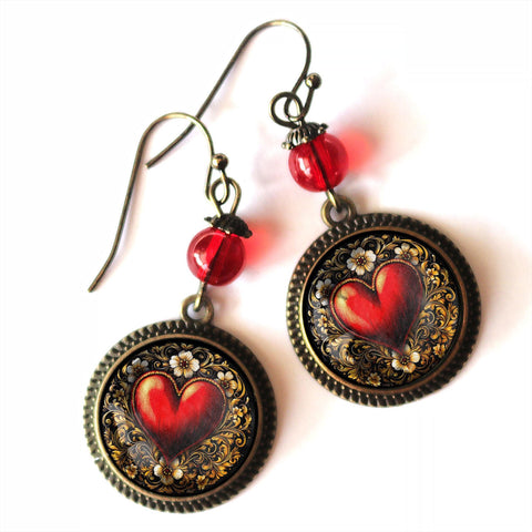 Ornate Heart Valentine's Day Vintage Inspired Drop / Dangle Earrings