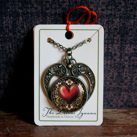 Ornate Heart Glass Cabochon Heart Shaped Valentine's Day Pendant Necklace