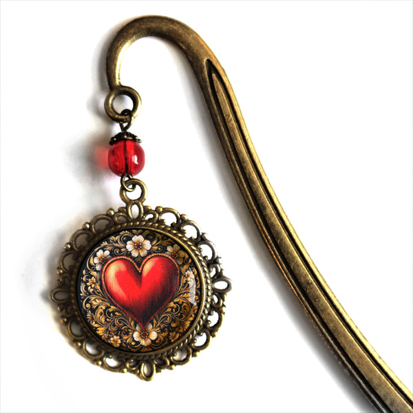 Ornate Heart Glass Cabochon Brass Book Hook / Bookmark