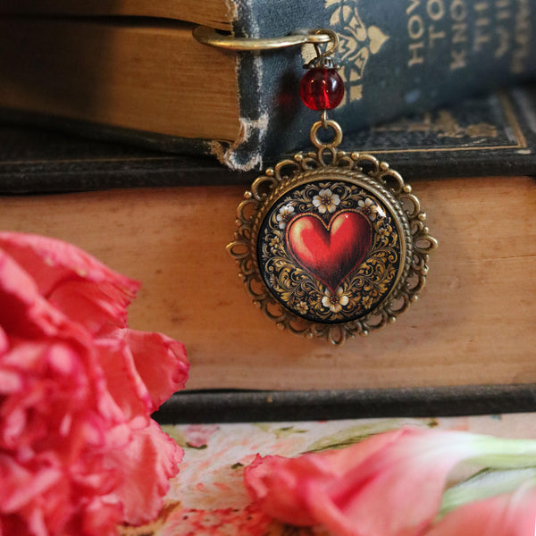 Ornate Heart Glass Cabochon Brass Book Hook / Bookmark