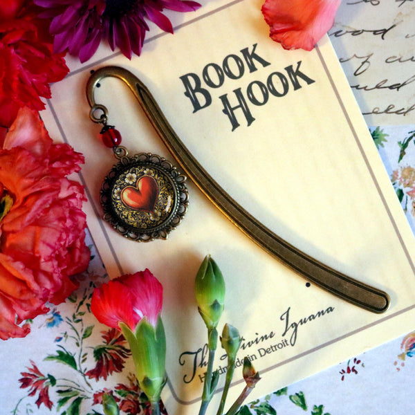 Ornate Heart Glass Cabochon Brass Book Hook / Bookmark