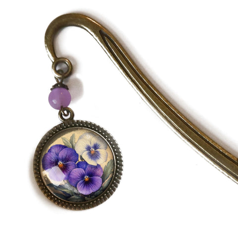 Purple Pansy Spring Flower Glass Cabochon Brass Book Hook / Bookmark