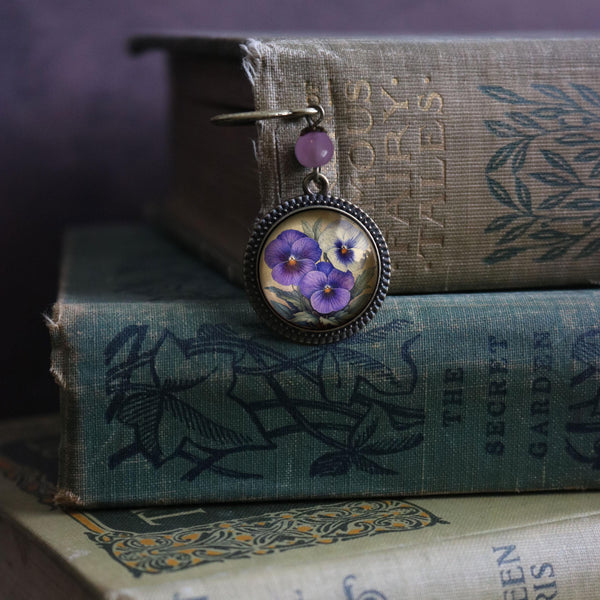 Purple Pansy Spring Flower Glass Cabochon Brass Book Hook / Bookmark