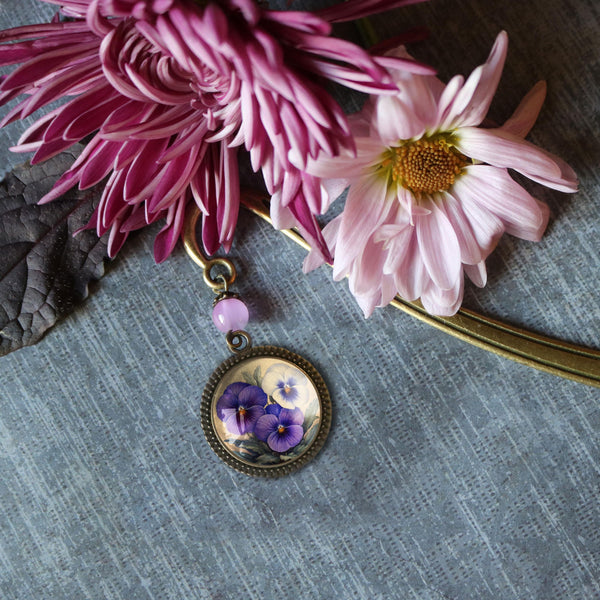 Purple Pansy Spring Flower Glass Cabochon Brass Book Hook / Bookmark
