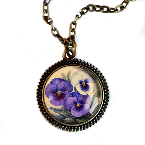 Purple Pansy Spring Flower Pendant Necklace