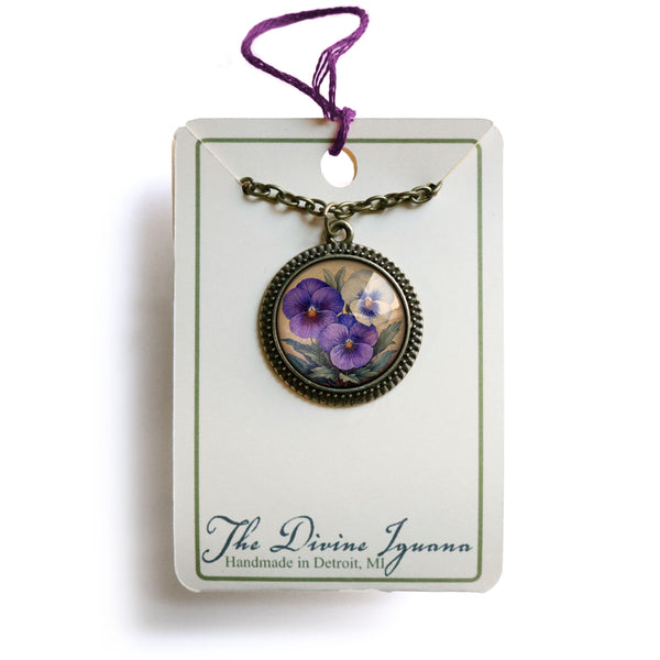 Purple Pansy Spring Flower Pendant Necklace